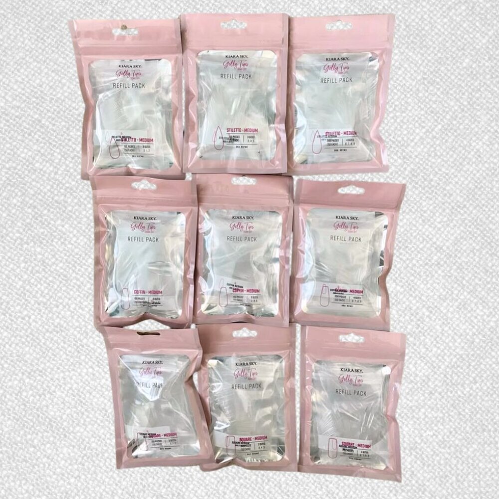 (NEW) Kiara Sky Gelly Tips Refill Packs x 9: Stiletto M, Coffin M, Square M
